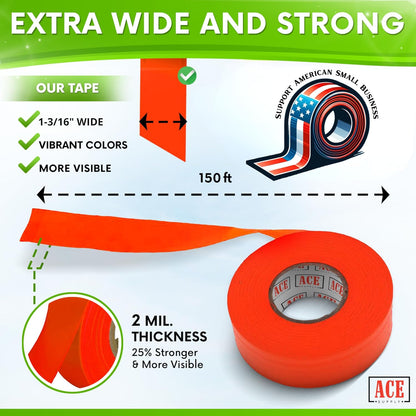 Pink Flagging Tape 12 Pack - Non-Adhesive Survey Tape - 1-3/16 Inch Width, 150 Ft Length, 2 Mil - Tree Marking Ribbon, Surveyors Ribbon