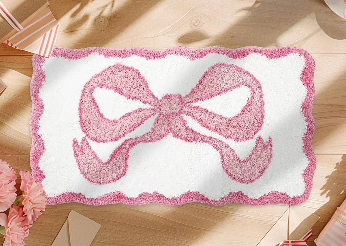 Valentine Scalloped Bow Bathroom Rug Absorbent Pink Cute Bowknot Tufted Bath Mat Non Slip Washable Shower Rug for Coquette Home Bedroom Preppy Room Decor, 19.7 x 35.4 Inch