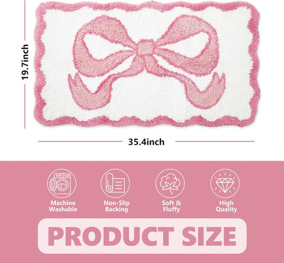 Valentine Scalloped Bow Bathroom Rug Absorbent Pink Cute Bowknot Tufted Bath Mat Non Slip Washable Shower Rug for Coquette Home Bedroom Preppy Room Decor, 19.7 x 35.4 Inch
