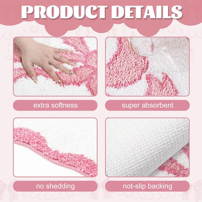 Valentine Scalloped Bow Bathroom Rug Absorbent Pink Cute Bowknot Tufted Bath Mat Non Slip Washable Shower Rug for Coquette Home Bedroom Preppy Room Decor, 19.7 x 35.4 Inch