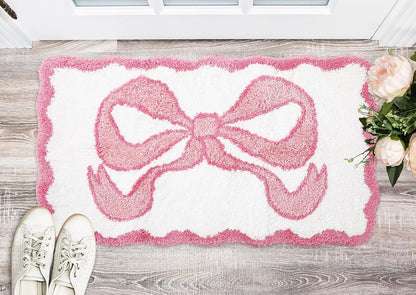 Valentine Scalloped Bow Bathroom Rug Absorbent Pink Cute Bowknot Tufted Bath Mat Non Slip Washable Shower Rug for Coquette Home Bedroom Preppy Room Decor, 19.7 x 35.4 Inch