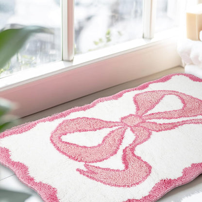 Valentine Scalloped Bow Bathroom Rug Absorbent Pink Cute Bowknot Tufted Bath Mat Non Slip Washable Shower Rug for Coquette Home Bedroom Preppy Room Decor, 19.7 x 35.4 Inch