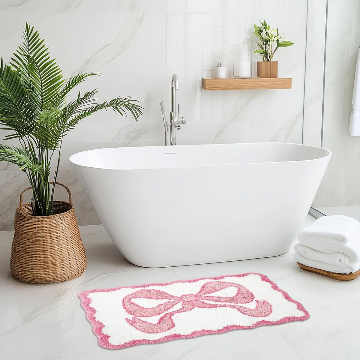 Valentine Scalloped Bow Bathroom Rug Absorbent Pink Cute Bowknot Tufted Bath Mat Non Slip Washable Shower Rug for Coquette Home Bedroom Preppy Room Decor, 19.7 x 35.4 Inch