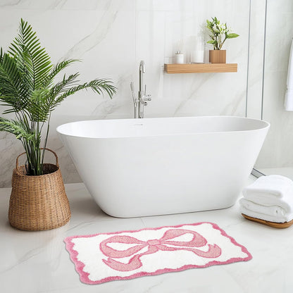 Valentine Scalloped Bow Bathroom Rug Absorbent Pink Cute Bowknot Tufted Bath Mat Non Slip Washable Shower Rug for Coquette Home Bedroom Preppy Room Decor, 19.7 x 35.4 Inch