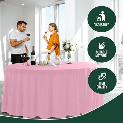 Pack of 12 Pink Plastic Table Cloth - Size: 120 Inch Round Disposable Tablecloth for Parties - Ideal for for Birthdays, Parties, Summer & More