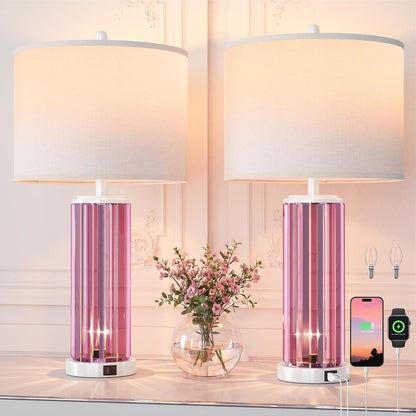 Table Lamps for Bedroom Set of 2 with Nightlight, Modern Bedside Lamp with USB A+C Charging Port, White Pink Nightstand Lamp for Living Room White Shade Home Decor, 2 Bulbs Included