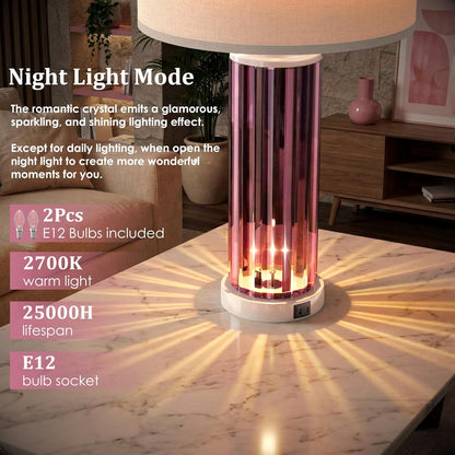 Table Lamps for Bedroom Set of 2 with Nightlight, Modern Bedside Lamp with USB A+C Charging Port, White Pink Nightstand Lamp for Living Room White Shade Home Decor, 2 Bulbs Included