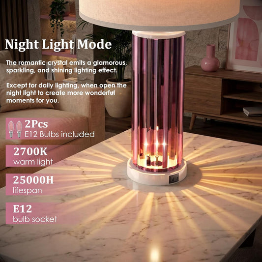 Table Lamps for Bedroom Set of 2 with Nightlight, Modern Bedside Lamp with USB A+C Charging Port, White Pink Nightstand Lamp for Living Room White Shade Home Decor, 2 Bulbs Included