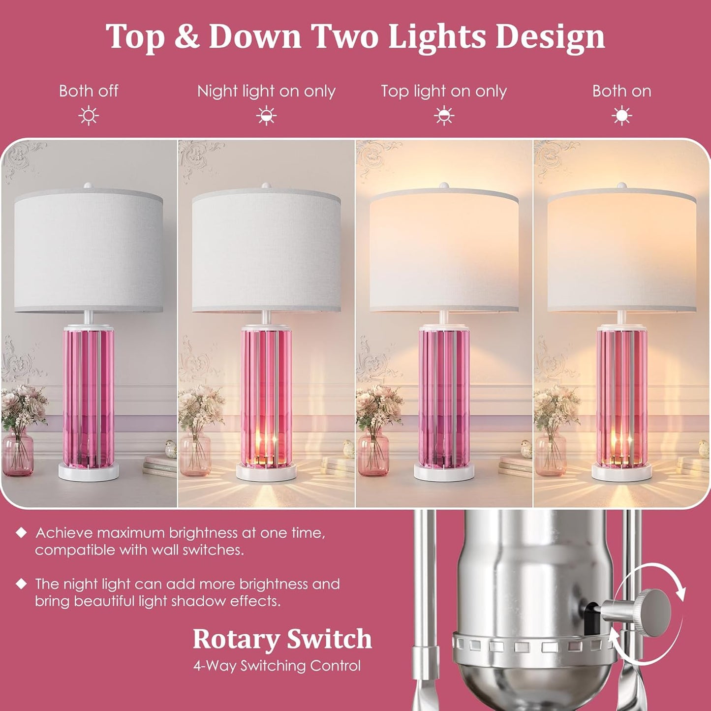 Table Lamps for Bedroom Set of 2 with Nightlight, Modern Bedside Lamp with USB A+C Charging Port, White Pink Nightstand Lamp for Living Room White Shade Home Decor, 2 Bulbs Included