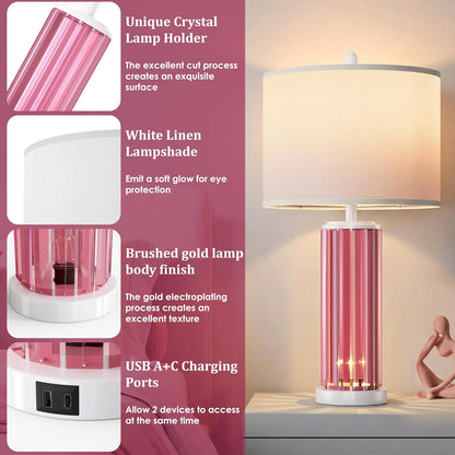 Table Lamps for Bedroom Set of 2 with Nightlight, Modern Bedside Lamp with USB A+C Charging Port, White Pink Nightstand Lamp for Living Room White Shade Home Decor, 2 Bulbs Included