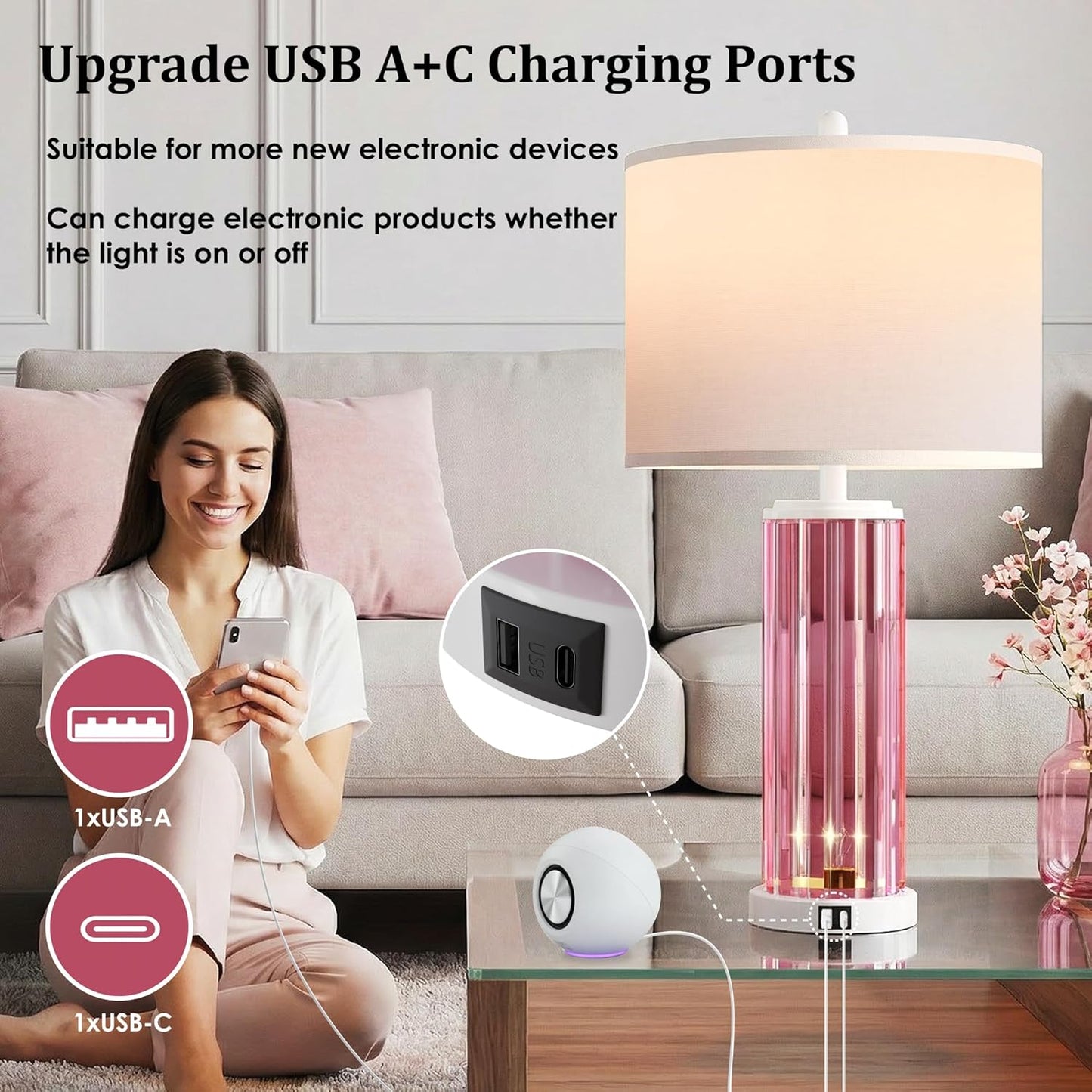 Table Lamps for Bedroom Set of 2 with Nightlight, Modern Bedside Lamp with USB A+C Charging Port, White Pink Nightstand Lamp for Living Room White Shade Home Decor, 2 Bulbs Included
