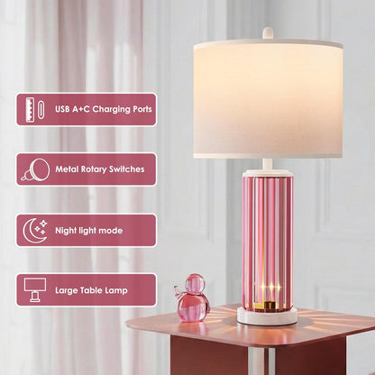 Table Lamps for Bedroom Set of 2 with Nightlight, Modern Bedside Lamp with USB A+C Charging Port, White Pink Nightstand Lamp for Living Room White Shade Home Decor, 2 Bulbs Included