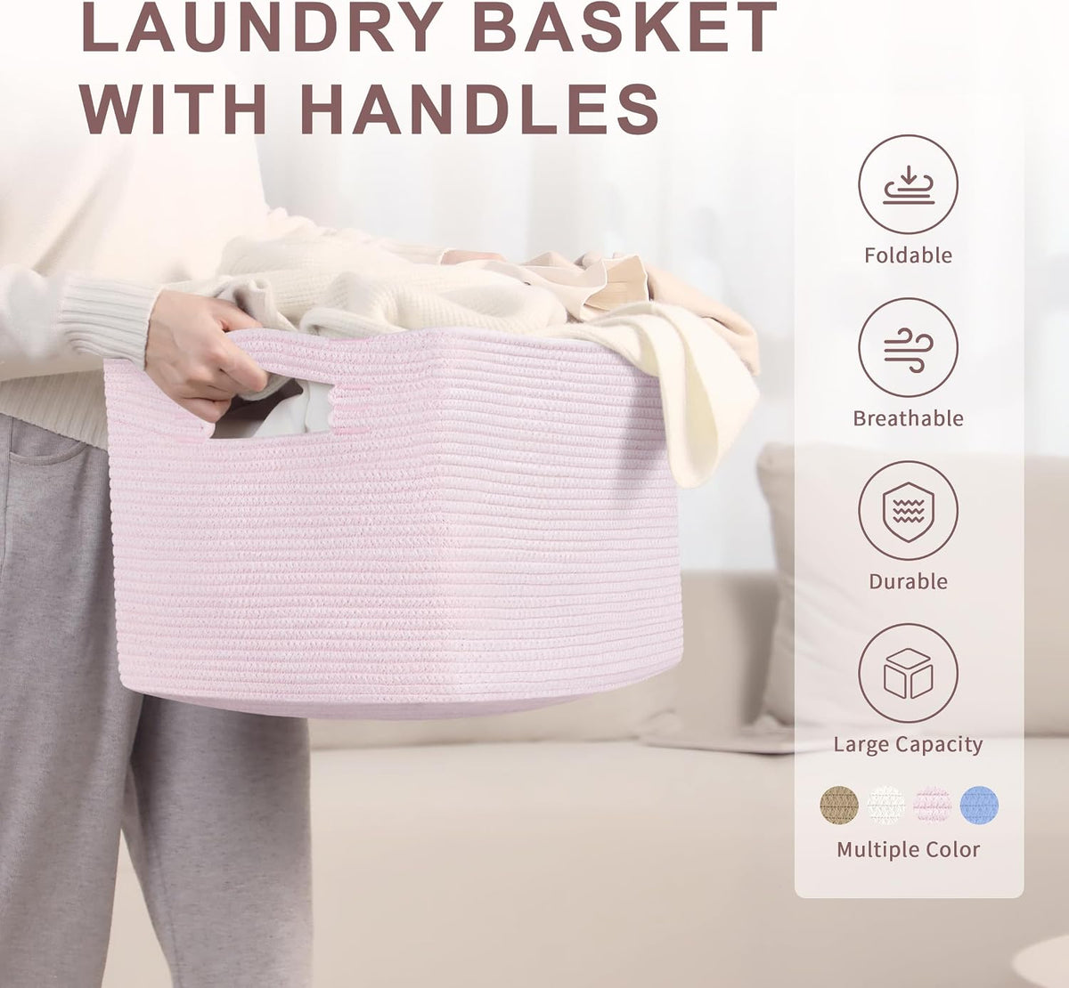 45L Small Woven Laundry Basket Hamper with Handles, Pink