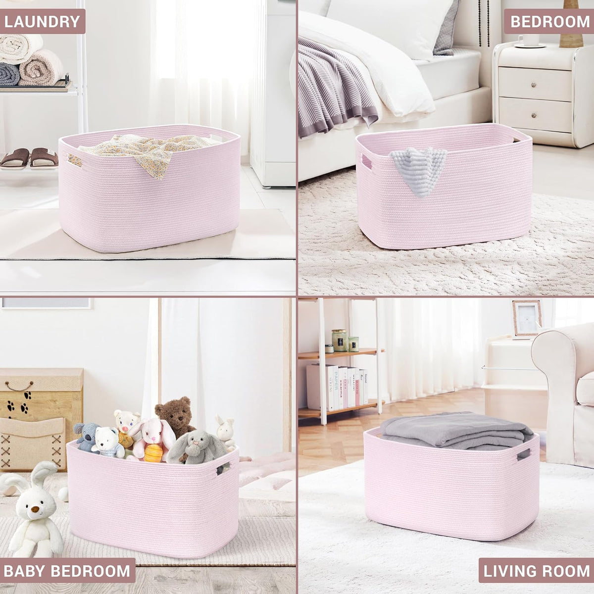 45L Small Woven Laundry Basket Hamper with Handles, Pink
