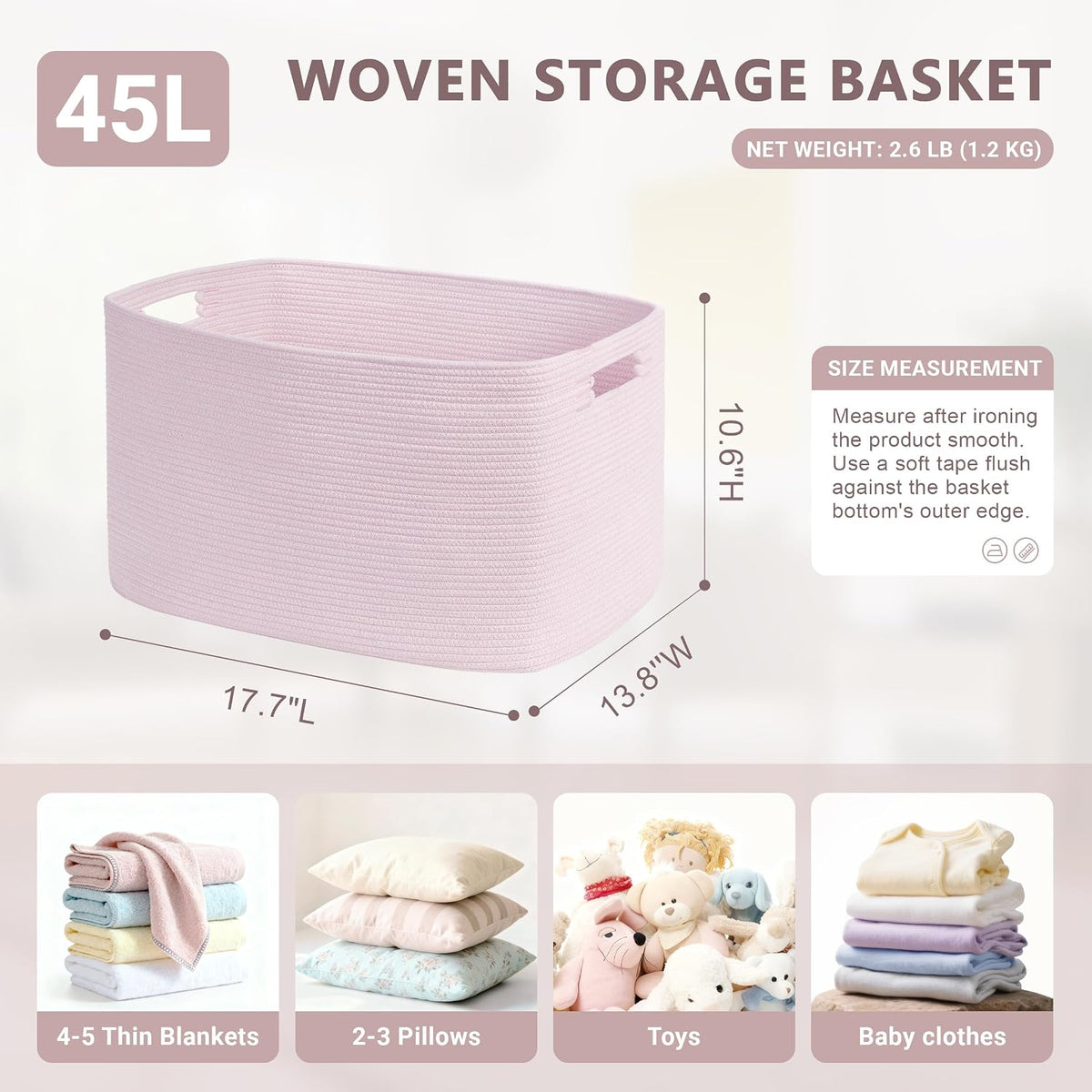 45L Small Woven Laundry Basket Hamper with Handles, Pink