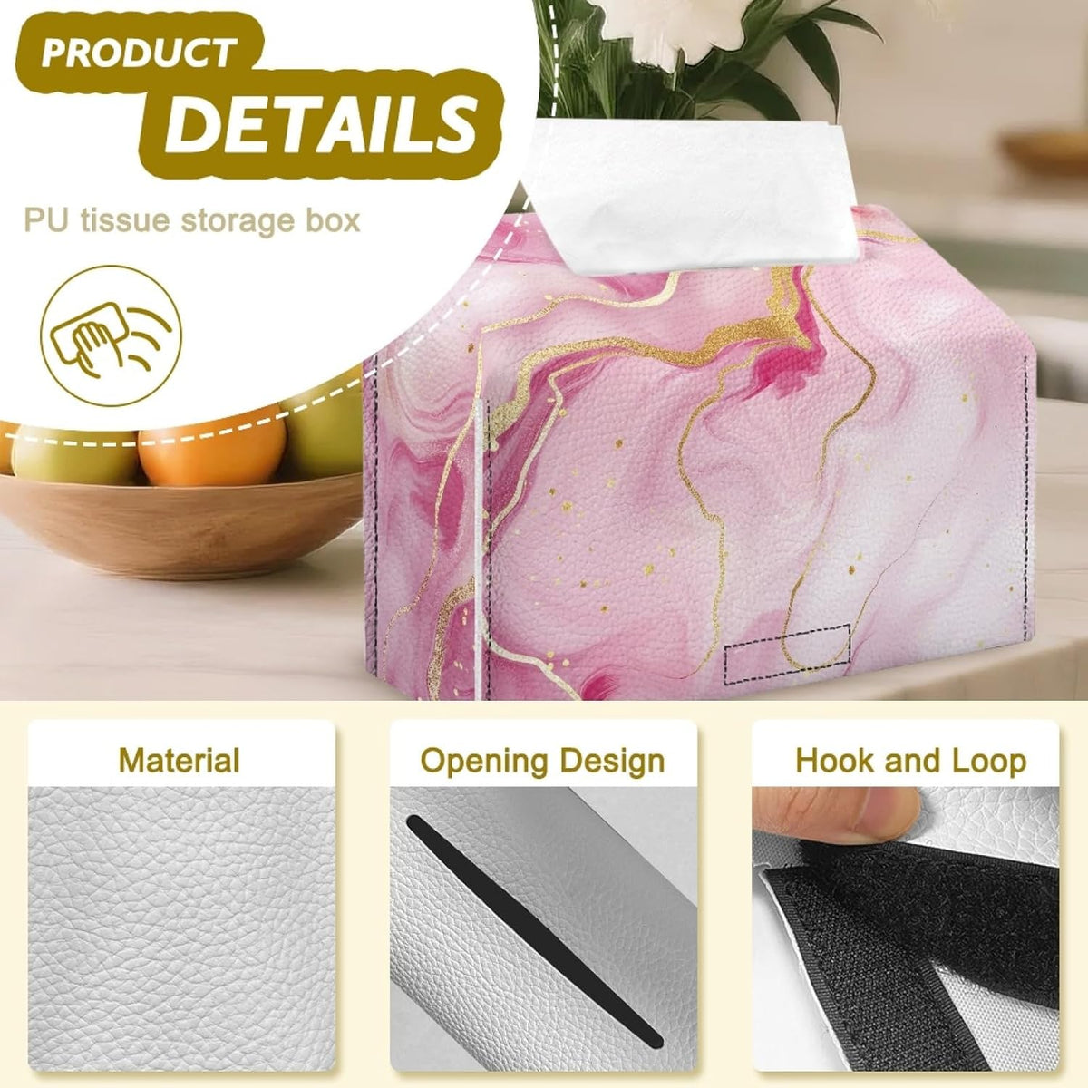 Marble Pattern Paper Towel Box Pink Hand Towels Box Cover with Hook and Loop Leather Disposable Paper Hand Towels Holder Dustproof Facial Tissues Case for Home Office Bedroom Decoration