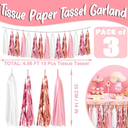 3P Pink White Peach Rose Gold Tassels Foil Fringe Metallic Garland Banner, Tassels Banner Streamers for Parade Floats, Bachelorette, Wedding, Birthday, Christmas, Bridal/Baby Shower Party Decorations