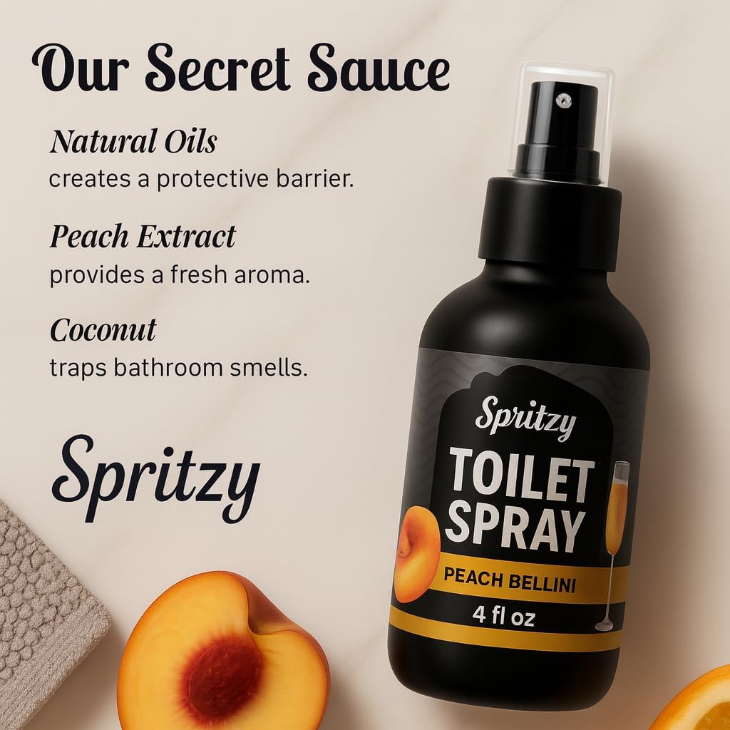 Toilet Spray (4 fl oz) | 600+ Sprays | Poo Spray w/Many Scents – Restroom & Bathroom Odor Eliminator – Essentials for a Fresh, Confident Bathroom (Peach Bellini)