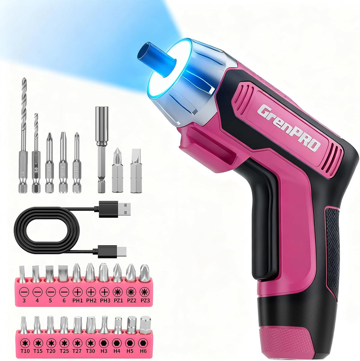 4V Cordless Electric Screwdriver Set, 29-Piece, Pink