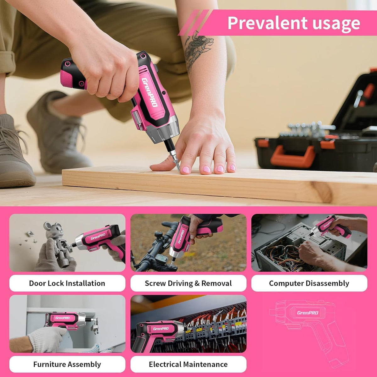 4V Cordless Electric Screwdriver Set, 29-Piece, Pink