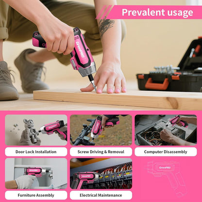 4V Cordless Electric Screwdriver Set, 29-Piece, Pink