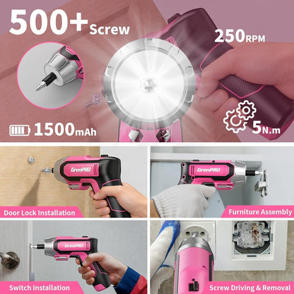 4V Cordless Electric Screwdriver Set, 29-Piece, Pink