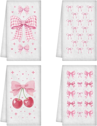 4Pcs Cute Bow Cherry Kitchen Towels, Pink Coquette Decorative Dish Towels 24 x 16 Inch Microfiber Absorbent Soft Hand Tea Dishcloth for Cooking Baking Bathroom Holiday Housewarming Gifts
