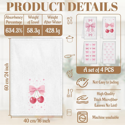 4Pcs Cute Bow Cherry Kitchen Towels, Pink Coquette Decorative Dish Towels 24 x 16 Inch Microfiber Absorbent Soft Hand Tea Dishcloth for Cooking Baking Bathroom Holiday Housewarming Gifts