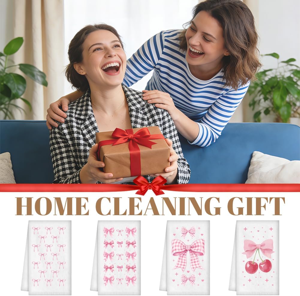 4Pcs Cute Bow Cherry Kitchen Towels, Pink Coquette Decorative Dish Towels 24 x 16 Inch Microfiber Absorbent Soft Hand Tea Dishcloth for Cooking Baking Bathroom Holiday Housewarming Gifts