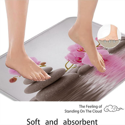 Zen Orchid Quick Dry Bath Mat, Elegant Peach Floral Stones Absorbent Non Slip Shower Mat, Modern Flannel Washable Bath Rugs for Bathroom Toilet Restroom Decorative 20x32 Inch