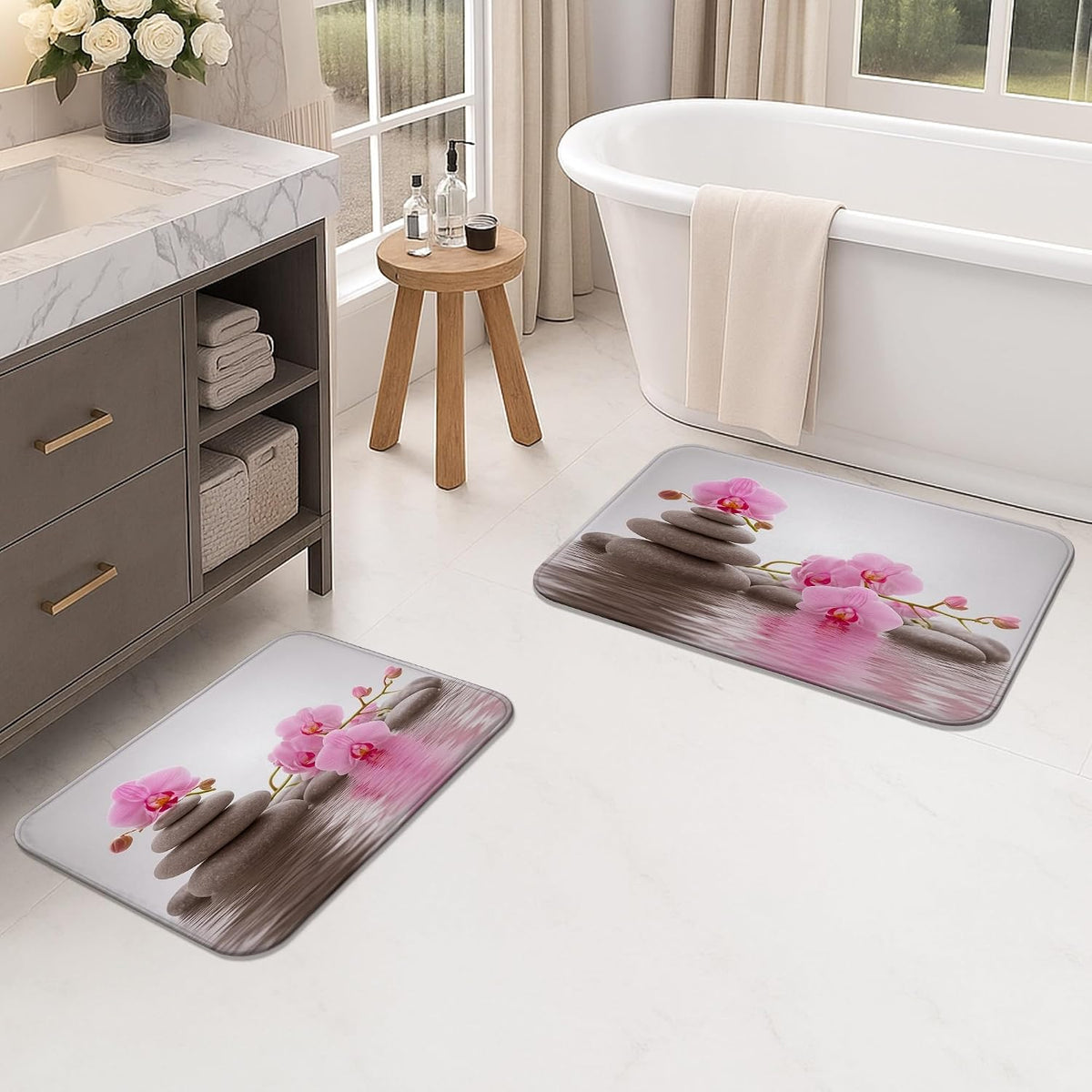 Zen Orchid Quick Dry Bath Mat, Elegant Peach Floral Stones Absorbent Non Slip Shower Mat, Modern Flannel Washable Bath Rugs for Bathroom Toilet Restroom Decorative 20x32 Inch