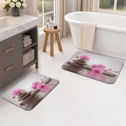 Zen Orchid Quick Dry Bath Mat, Elegant Peach Floral Stones Absorbent Non Slip Shower Mat, Modern Flannel Washable Bath Rugs for Bathroom Toilet Restroom Decorative 20x32 Inch