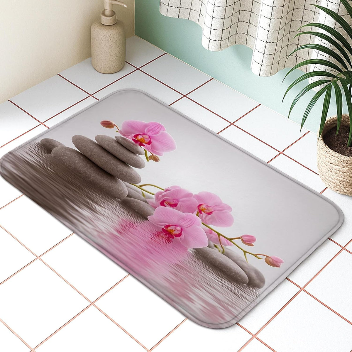 Zen Orchid Quick Dry Bath Mat, Elegant Peach Floral Stones Absorbent Non Slip Shower Mat, Modern Flannel Washable Bath Rugs for Bathroom Toilet Restroom Decorative 20x32 Inch