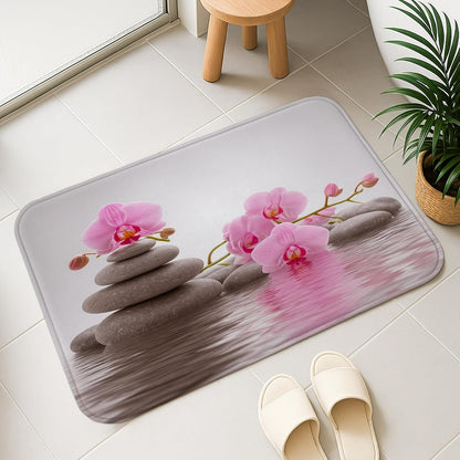 Zen Orchid Quick Dry Bath Mat, Elegant Peach Floral Stones Absorbent Non Slip Shower Mat, Modern Flannel Washable Bath Rugs for Bathroom Toilet Restroom Decorative 20x32 Inch