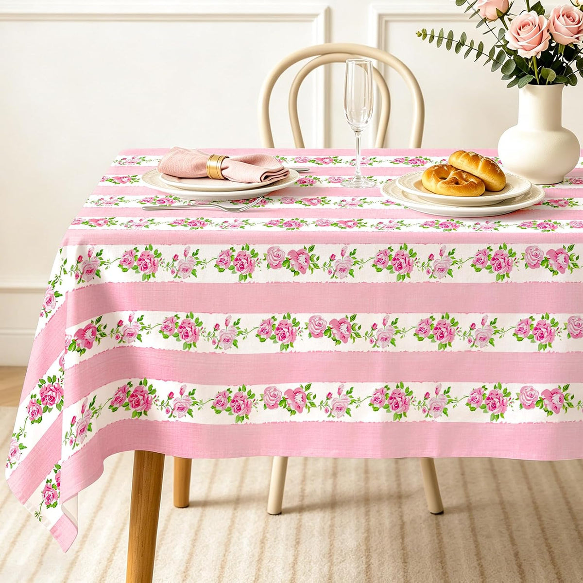 Floral Tablecloth Spring Rectangle Fabric Table Cover 60 x 104 Inch Pink Stripe Flower Table Cloth for Dinner Bachelorette Dinner Party Setting Birthday Bridal Shower Decoration