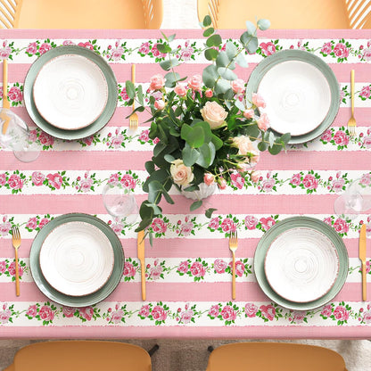 Floral Tablecloth Spring Rectangle Fabric Table Cover 60 x 104 Inch Pink Stripe Flower Table Cloth for Dinner Bachelorette Dinner Party Setting Birthday Bridal Shower Decoration