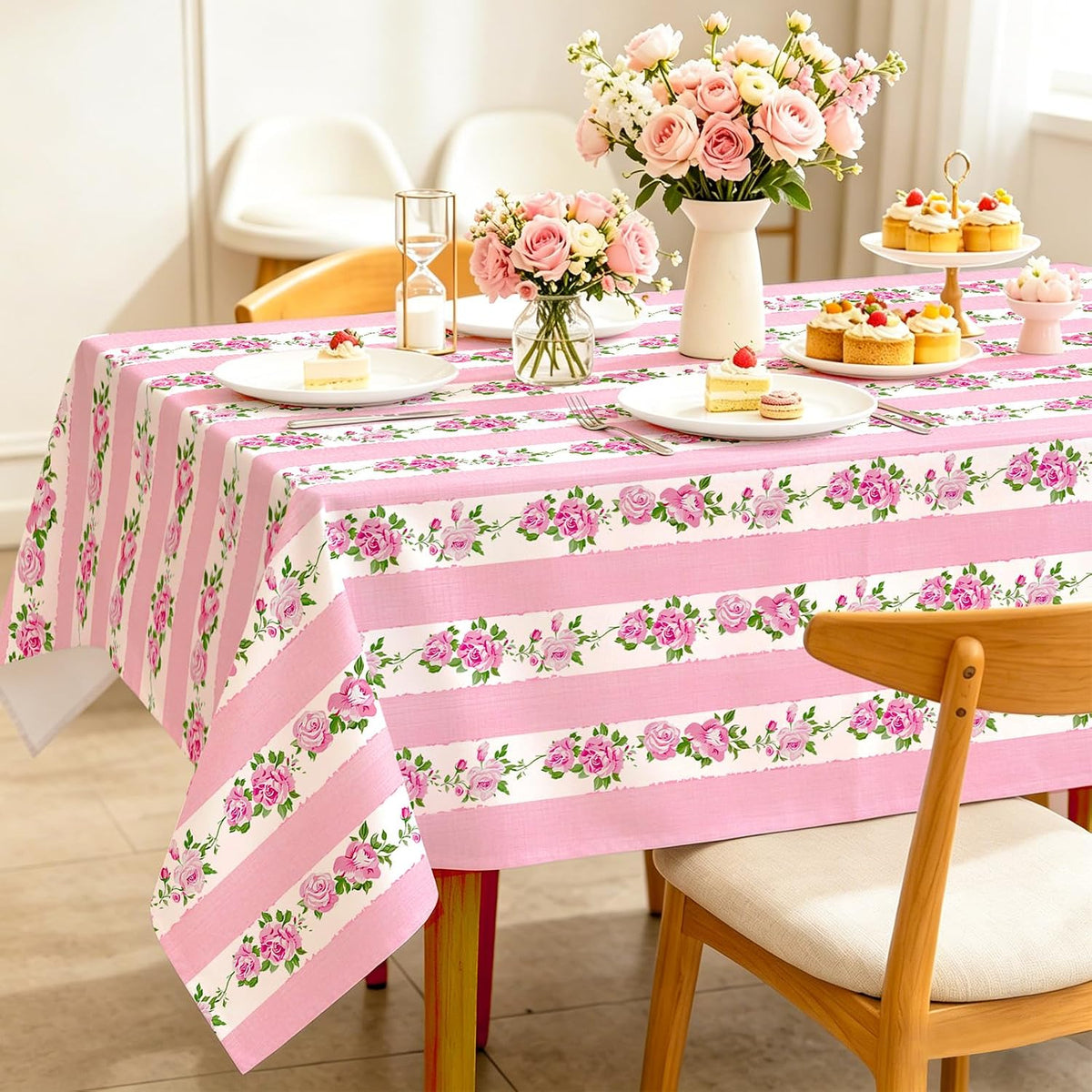 Floral Tablecloth Spring Rectangle Fabric Table Cover 60 x 104 Inch Pink Stripe Flower Table Cloth for Dinner Bachelorette Dinner Party Setting Birthday Bridal Shower Decoration