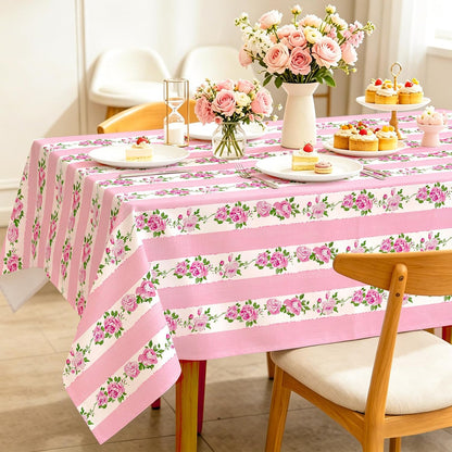Floral Tablecloth Spring Rectangle Fabric Table Cover 60 x 104 Inch Pink Stripe Flower Table Cloth for Dinner Bachelorette Dinner Party Setting Birthday Bridal Shower Decoration