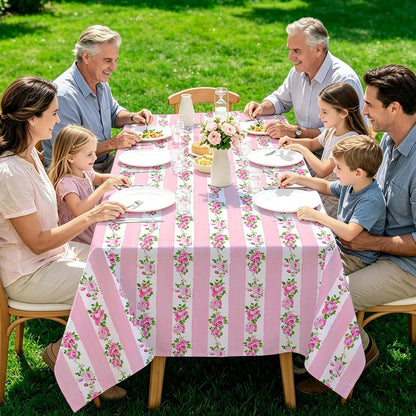 Floral Tablecloth Spring Rectangle Fabric Table Cover 60 x 104 Inch Pink Stripe Flower Table Cloth for Dinner Bachelorette Dinner Party Setting Birthday Bridal Shower Decoration