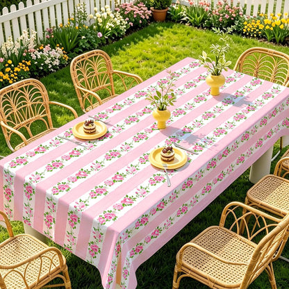 Floral Tablecloth Spring Rectangle Fabric Table Cover 60 x 104 Inch Pink Stripe Flower Table Cloth for Dinner Bachelorette Dinner Party Setting Birthday Bridal Shower Decoration