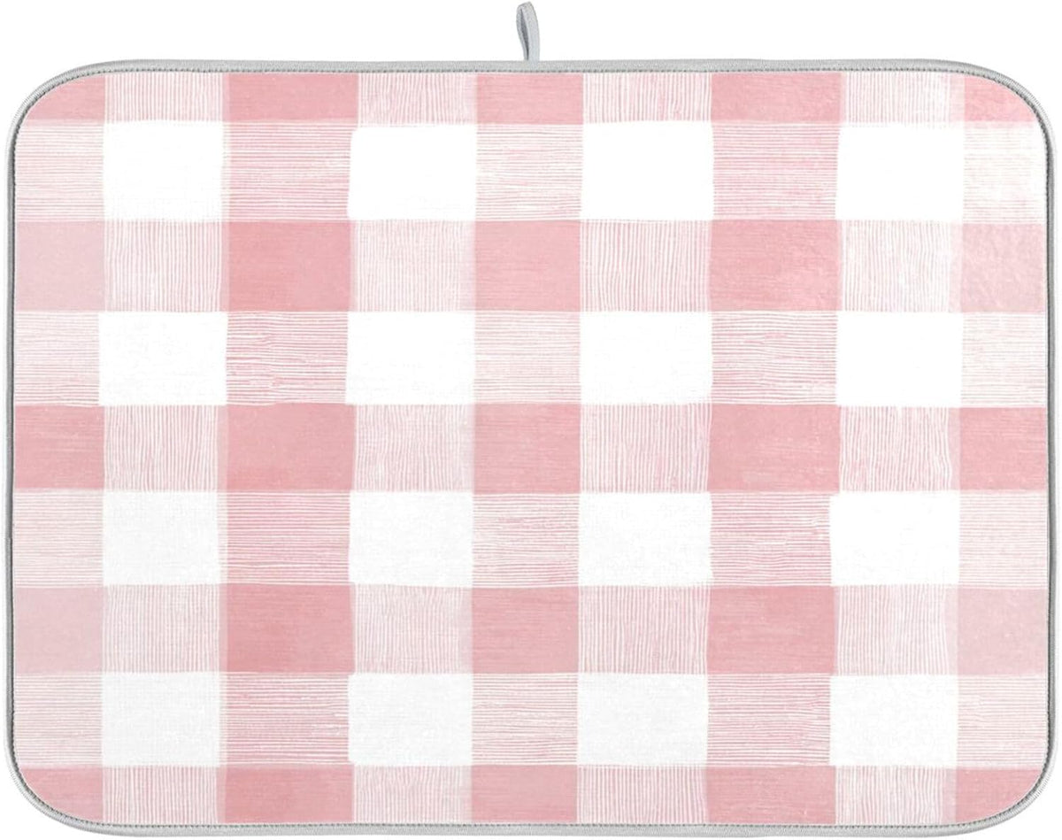 Dish Drying Mat for Kitchen Counter Absorbent Quick Dry Foldable Washable Coffee Bar Mat Dish Drying Pad 16x18in Pinks and White Checkered