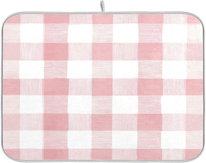 Dish Drying Mat for Kitchen Counter Absorbent Quick Dry Foldable Washable Coffee Bar Mat Dish Drying Pad 16x18in Pinks and White Checkered