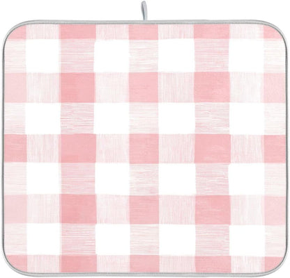 Dish Drying Mat for Kitchen Counter Absorbent Quick Dry Foldable Washable Coffee Bar Mat Dish Drying Pad 16x18in Pinks and White Checkered