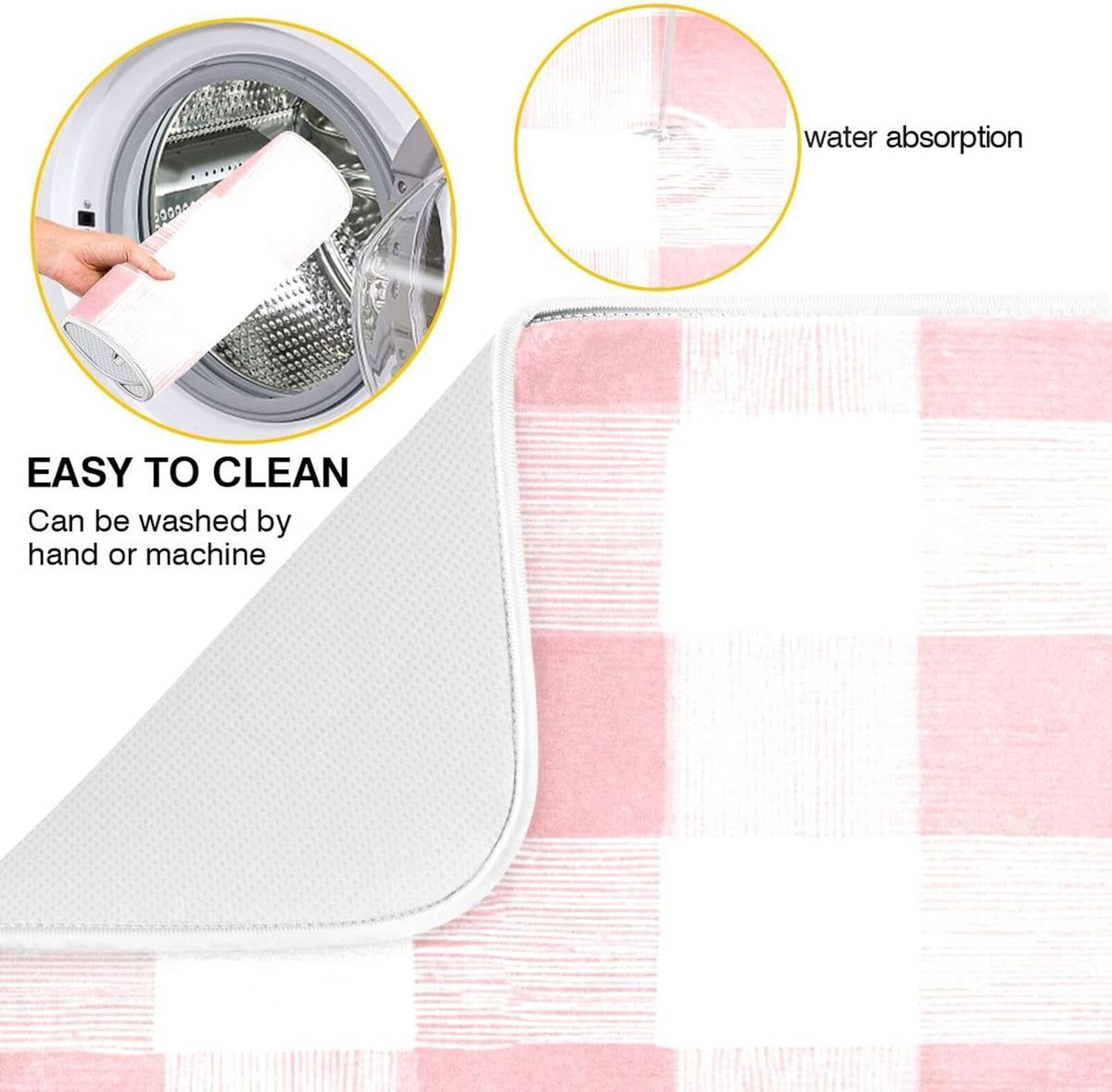 Dish Drying Mat for Kitchen Counter Absorbent Quick Dry Foldable Washable Coffee Bar Mat Dish Drying Pad 16x18in Pinks and White Checkered