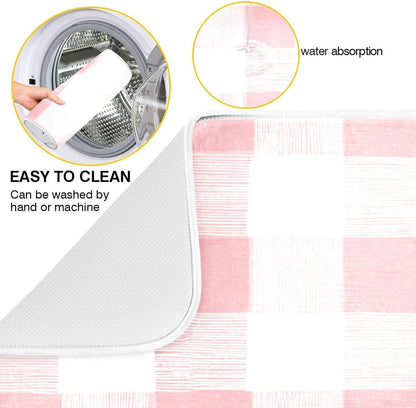 Dish Drying Mat for Kitchen Counter Absorbent Quick Dry Foldable Washable Coffee Bar Mat Dish Drying Pad 16x18in Pinks and White Checkered