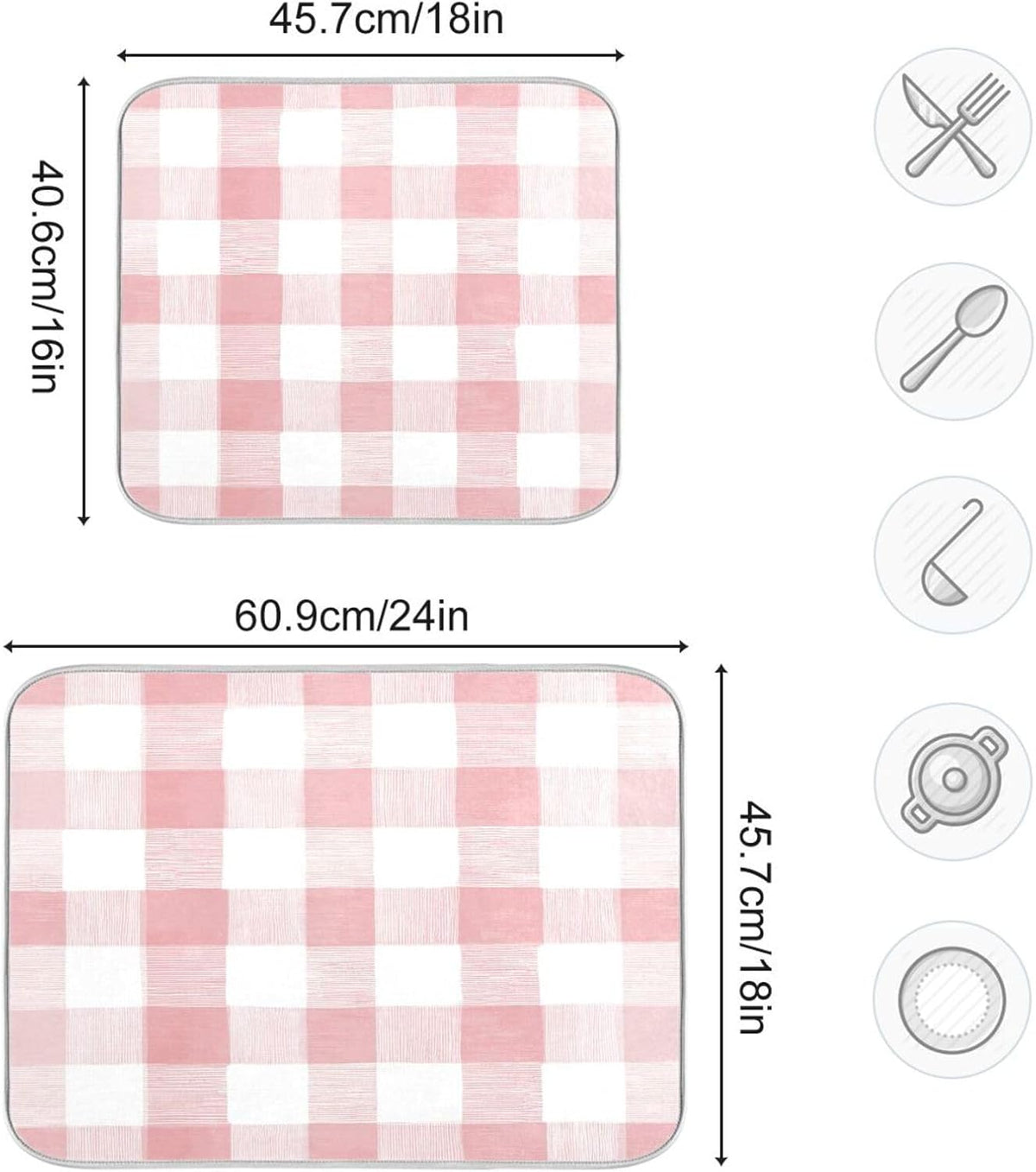 Dish Drying Mat for Kitchen Counter Absorbent Quick Dry Foldable Washable Coffee Bar Mat Dish Drying Pad 16x18in Pinks and White Checkered