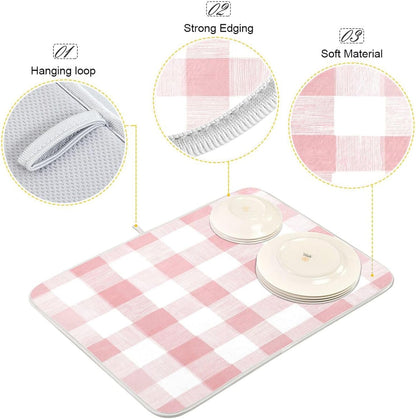 Dish Drying Mat for Kitchen Counter Absorbent Quick Dry Foldable Washable Coffee Bar Mat Dish Drying Pad 16x18in Pinks and White Checkered