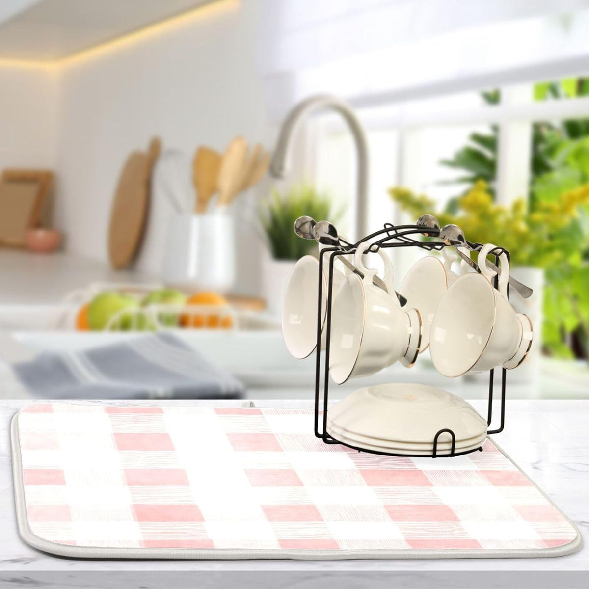 Dish Drying Mat for Kitchen Counter Absorbent Quick Dry Foldable Washable Coffee Bar Mat Dish Drying Pad 16x18in Pinks and White Checkered