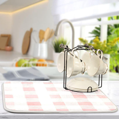 Dish Drying Mat for Kitchen Counter Absorbent Quick Dry Foldable Washable Coffee Bar Mat Dish Drying Pad 16x18in Pinks and White Checkered