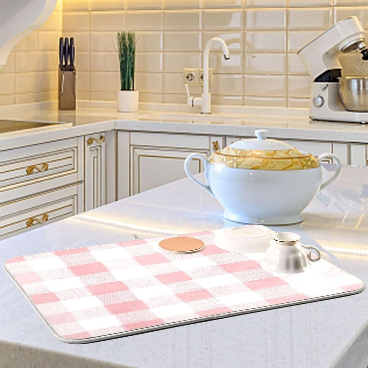 Dish Drying Mat for Kitchen Counter Absorbent Quick Dry Foldable Washable Coffee Bar Mat Dish Drying Pad 16x18in Pinks and White Checkered